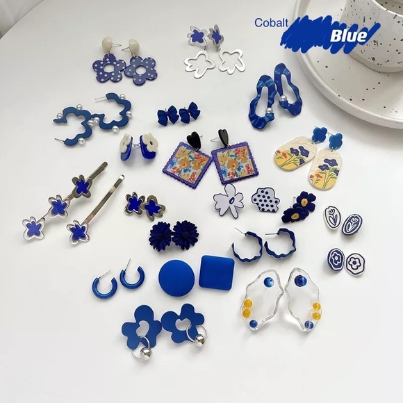 Anthro Cobalt Blue Dopamine Clothes Boho Checked Floral Stud Earrings Jewelry - Picture 3 of 16